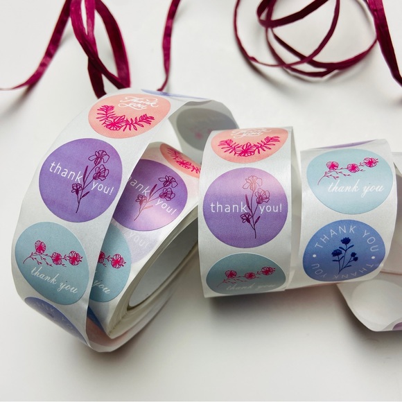 500 Roll multi color floral thank you packaging stickers 1” round - Picture 2 of 7